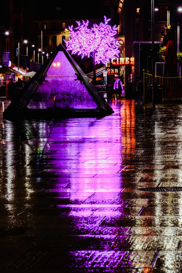 Purple lights on a tree reflect off the wet ground and a glass pyramid at night