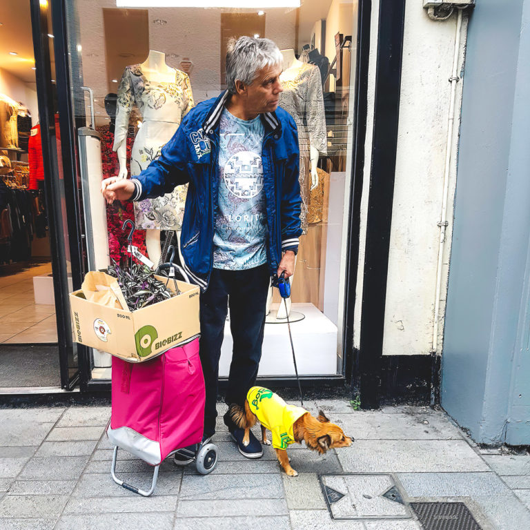 A man and his dog look down the street at some disturbance in the distance