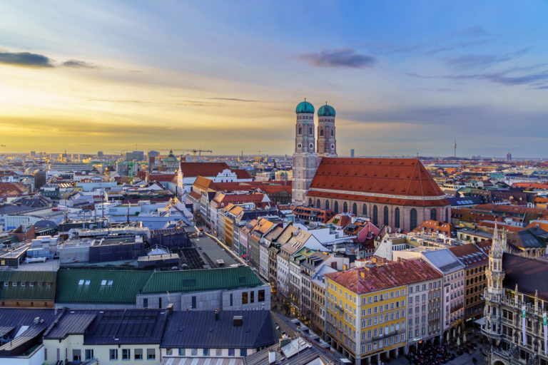 The view from St. Peter's Church in Munich. You can see the roofs of buildings, and the gothic church, Frauenkirche.