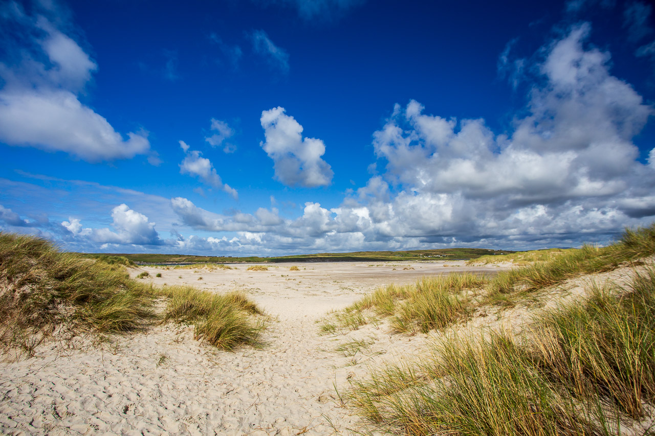 White sand and dunes and blue skies and fluffy clouds