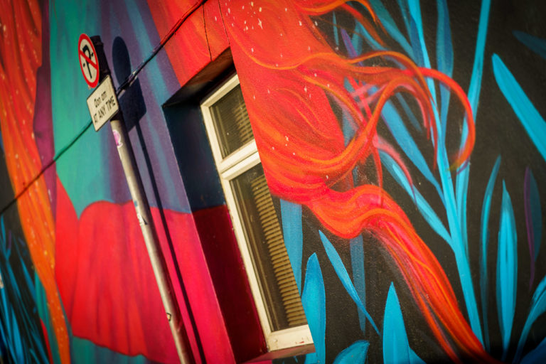 The red hair of a mural on a wall. A "no parking" sign spoils the photo, but it's part of the scene.