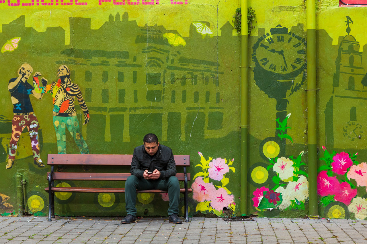 Flowers and icons of Cork are painted on a wall in Bishop Lucey Park behind a man checking his phone on a bench.