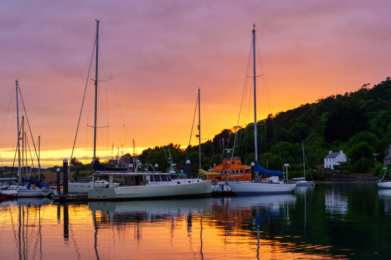Sunset over the boats moored in Crosshaven, Co Cork.