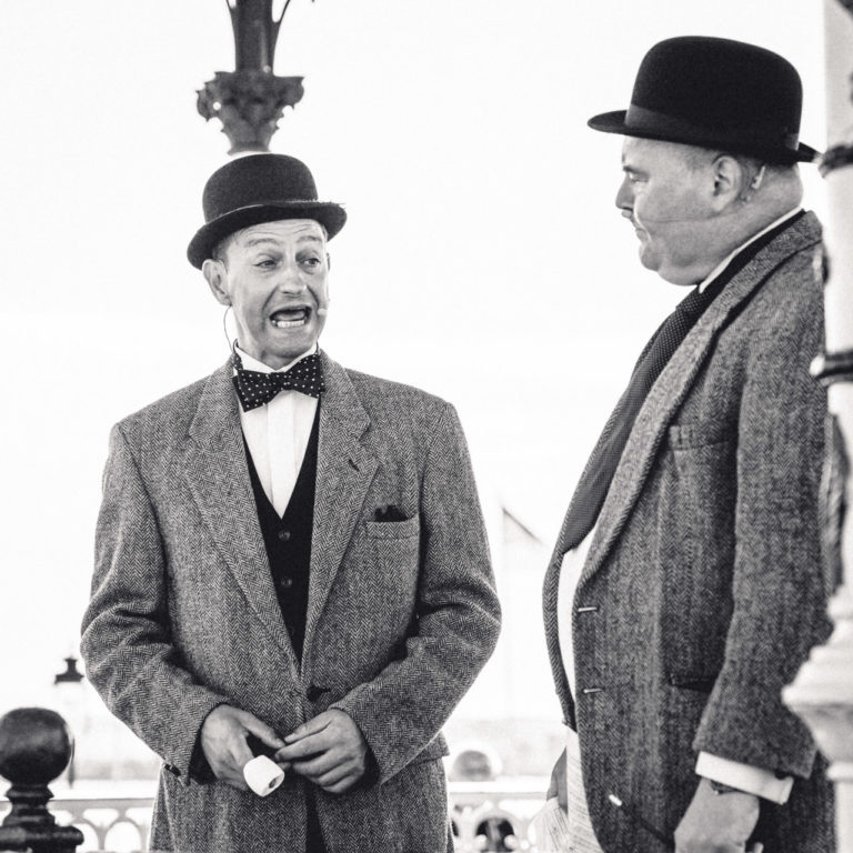 Stan Laurel and Oliver Hardy performing on stage in Cobh, Co Cork.