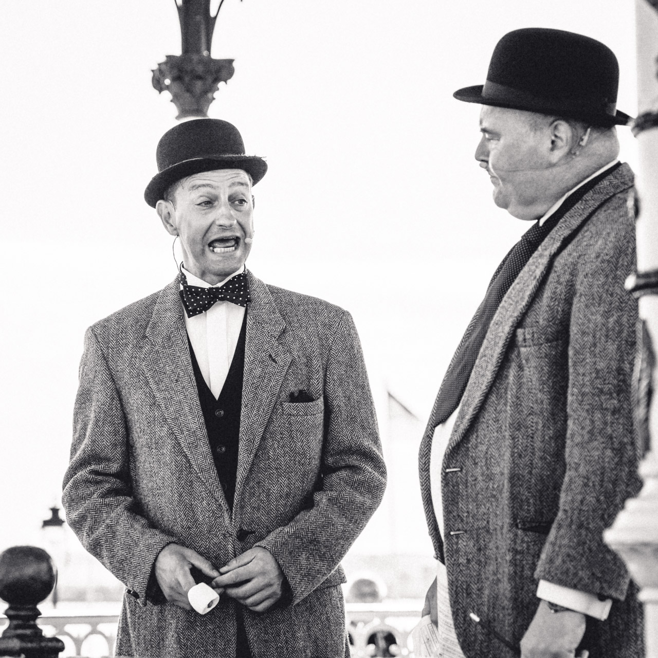 Stan Laurel and Oliver Hardy performing on stage in Cobh, Co Cork.