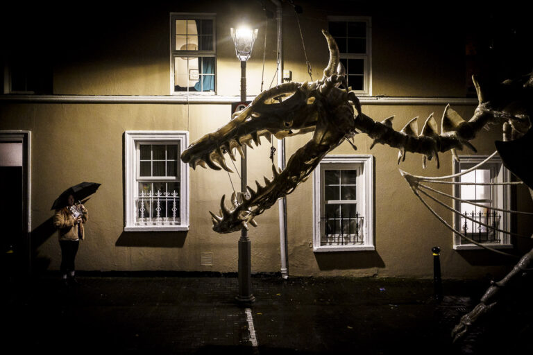 The Dragon of Shandon ready to go on the parade, with a woman holding an umbrella looking at it. A single solitary street light provides illumination, apart from the soft light from nearby windows.