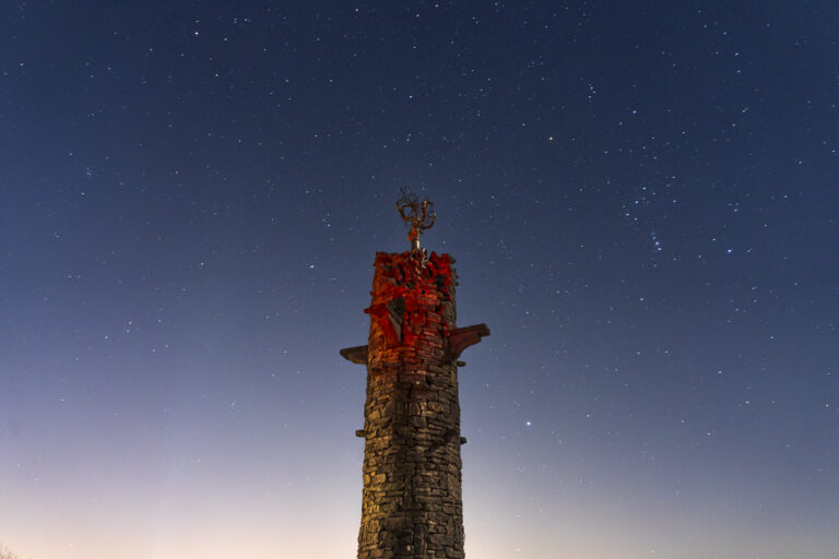 A sculpture of a tree sits atop a high stone tower, with a starry sky behind.