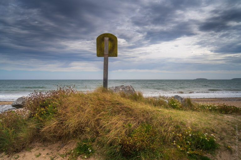 A life buoy sits in a container on a pole on top of a small hill next to a beach, with the waves of the sea visible behind and a cloudy sky.