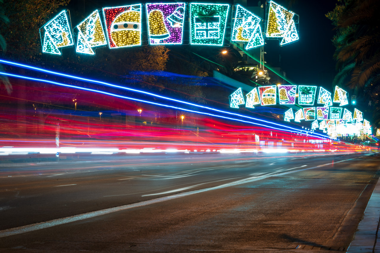 Christmas lights and light trails from passing traffic.