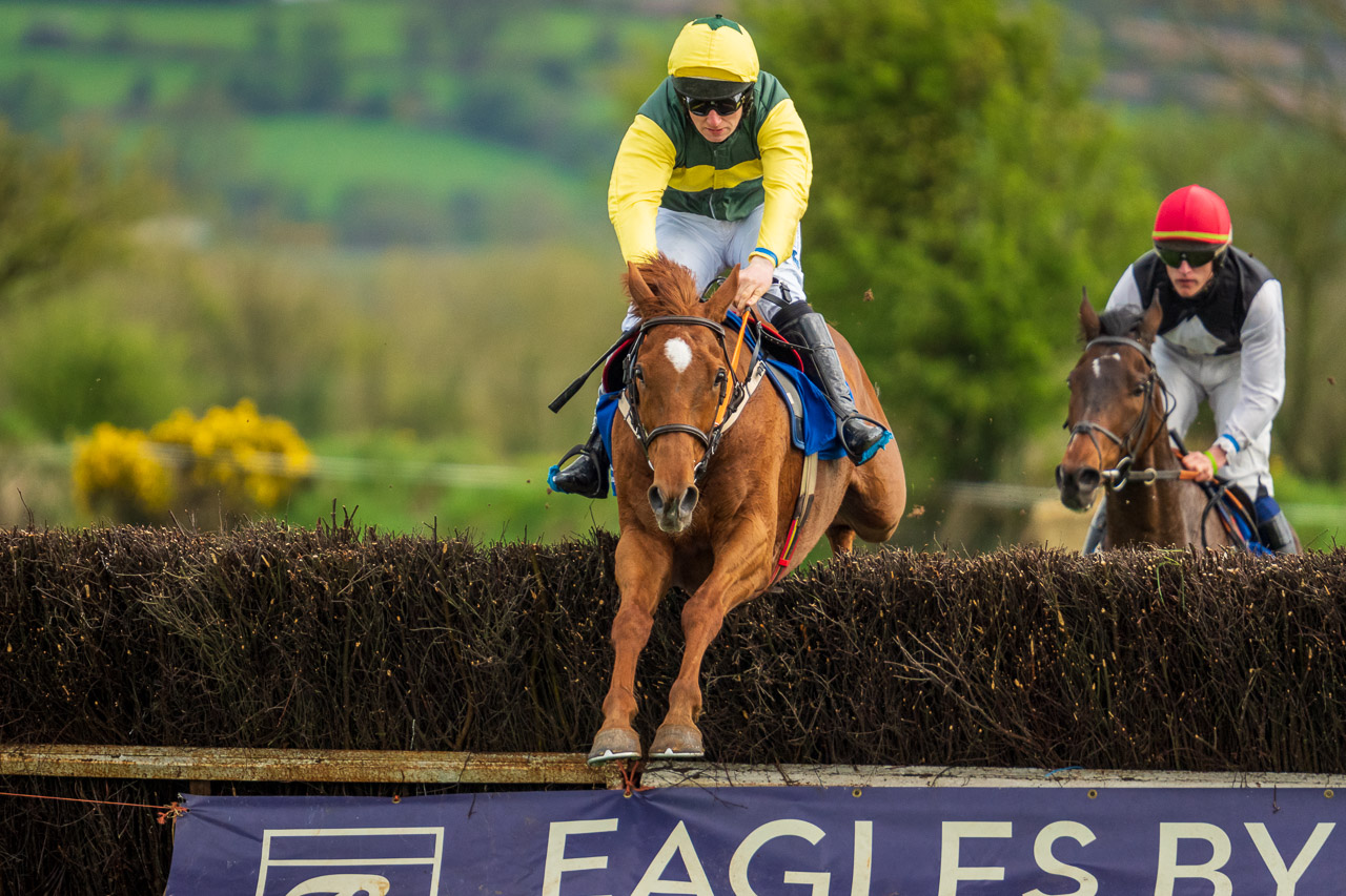 A horse and jockey jump the fence