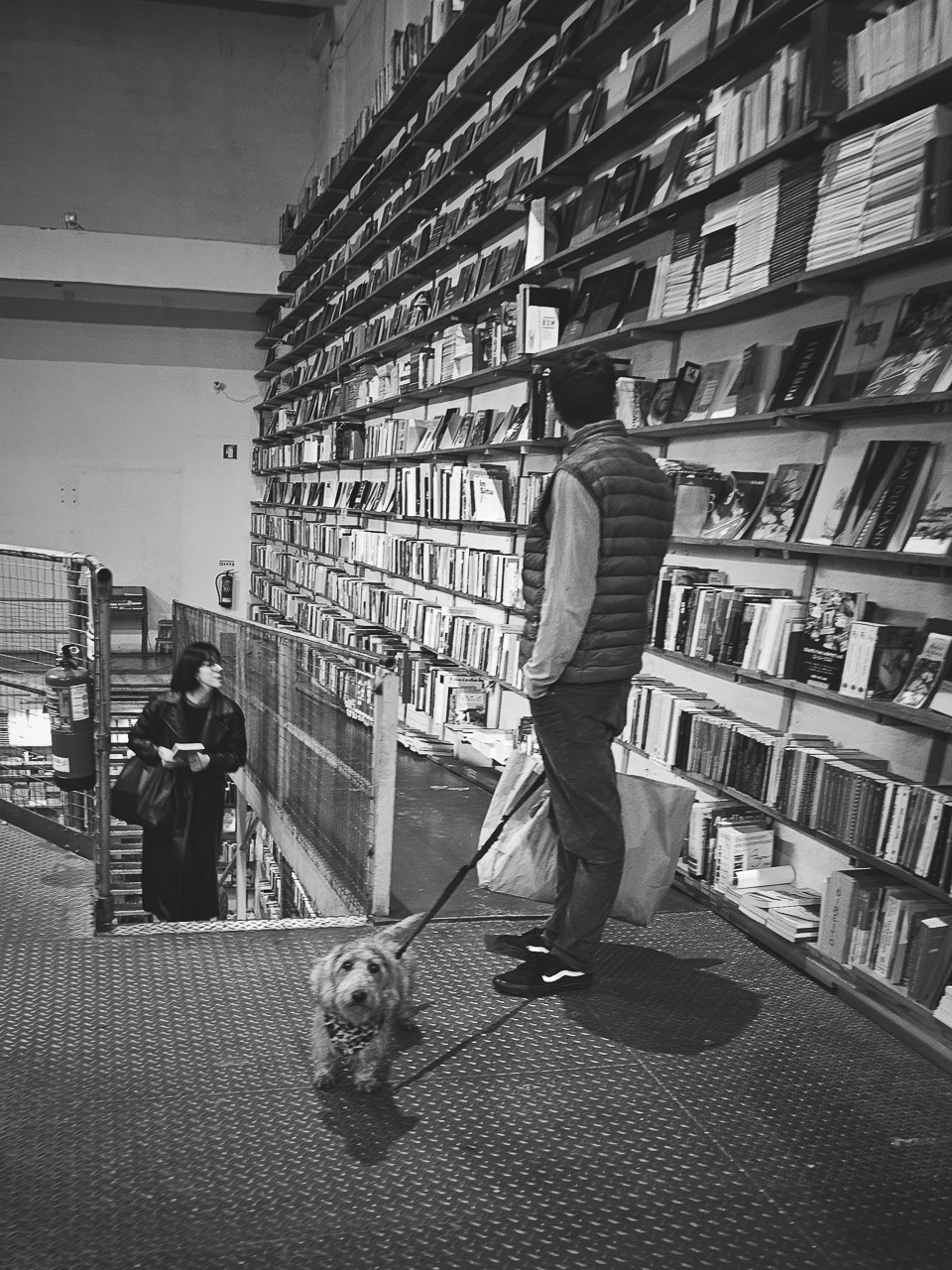 A man with a dog in a bookshop, with a woman walking up the stairs, looking at the books as she goes.