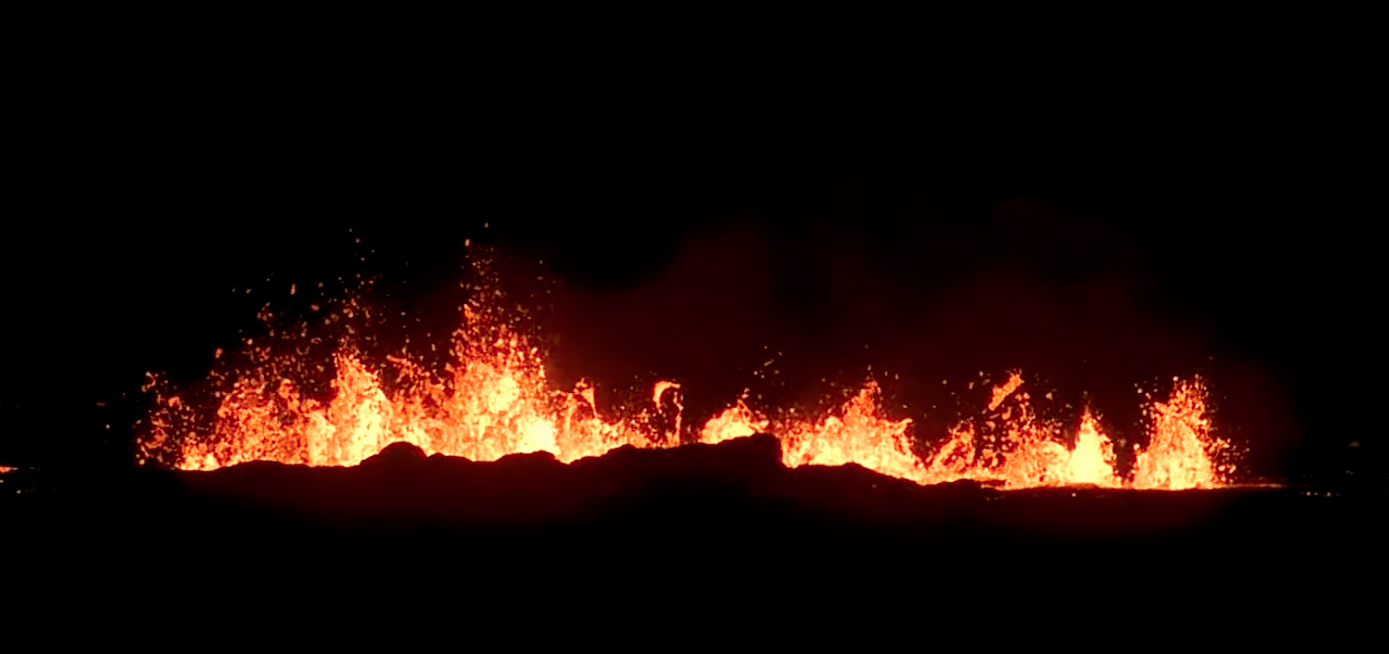 Flames erupting from a volcanic eruption in Iceland.