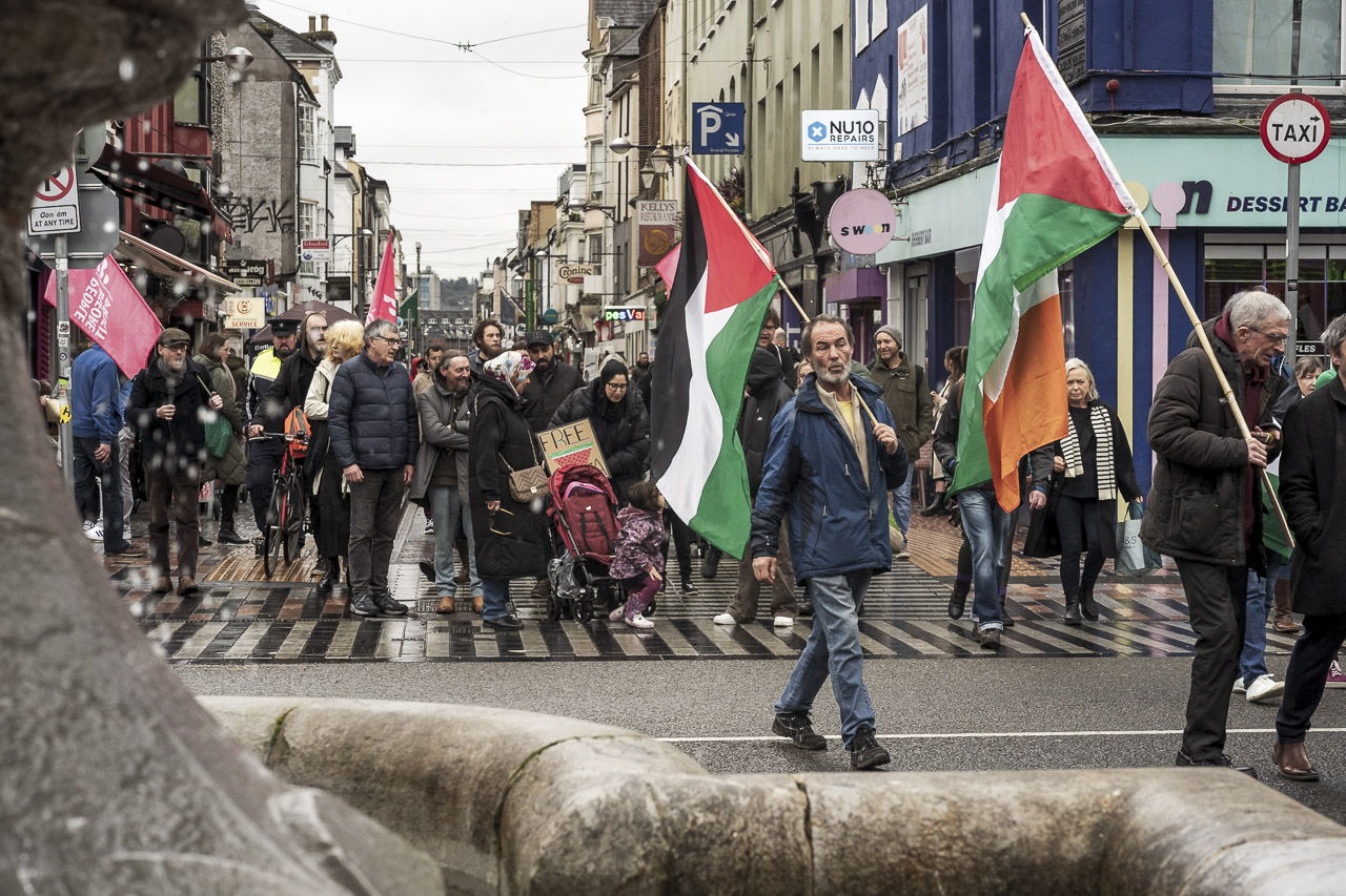 People walking in a rally in support of Gaza. Some carry posters and flags.