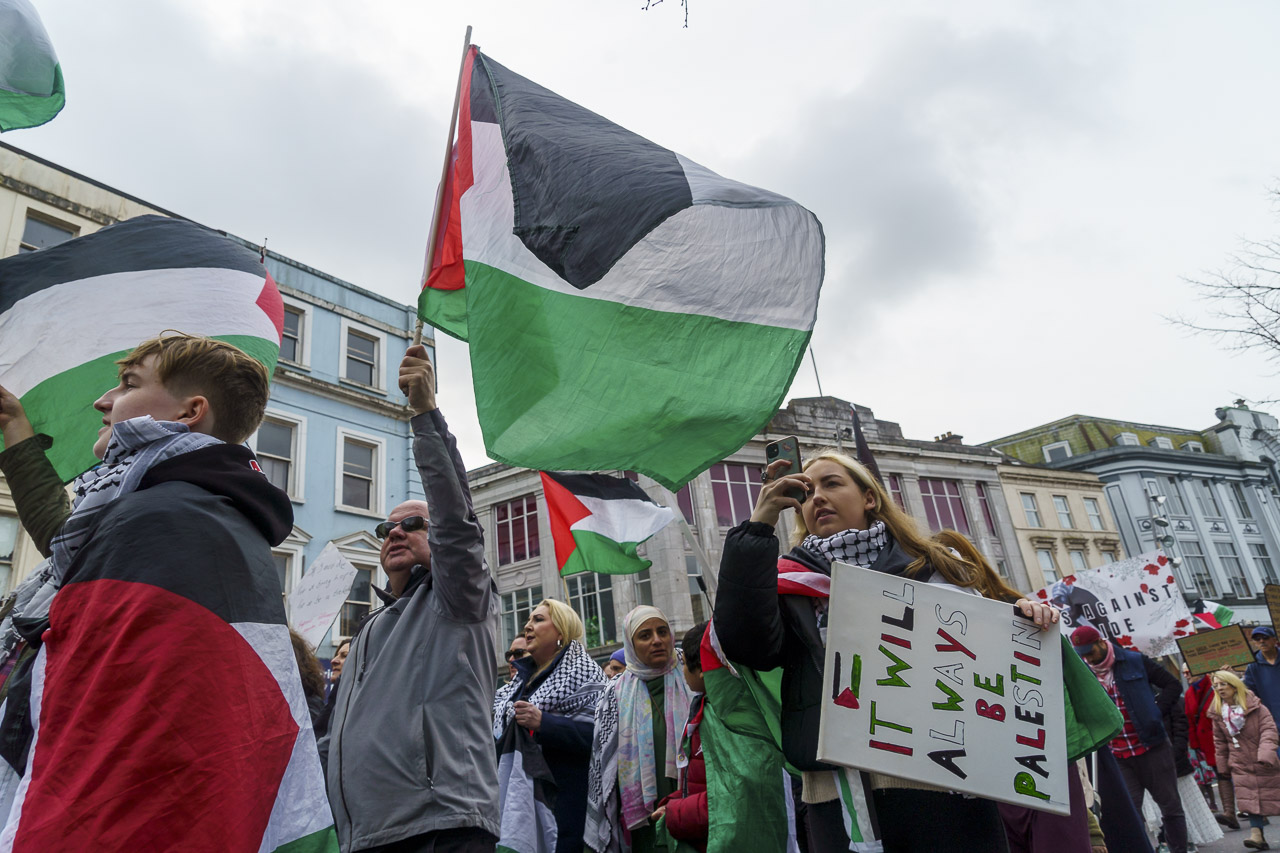 People in the pro-Palestinian rally waving flags and banners.