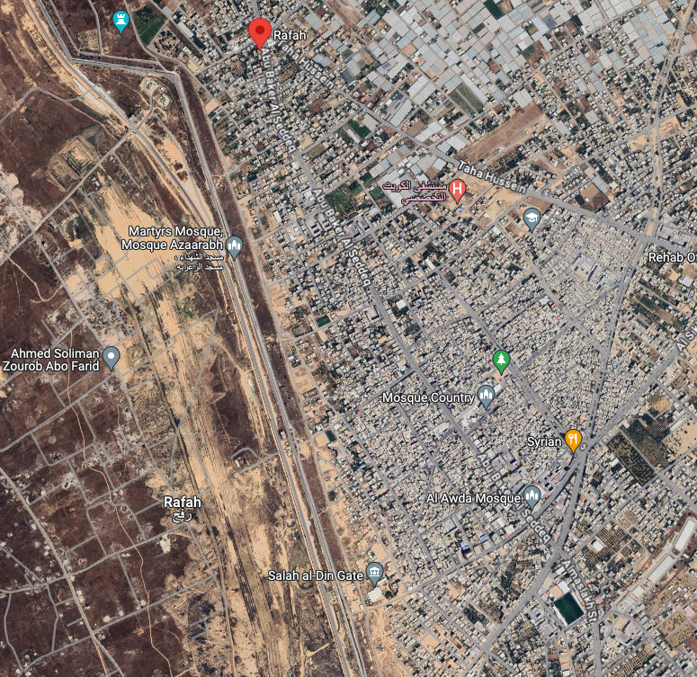 A screenshot from Google Maps of Rafah and the border with Egypt. Dense city on one side of the border in Gaza.