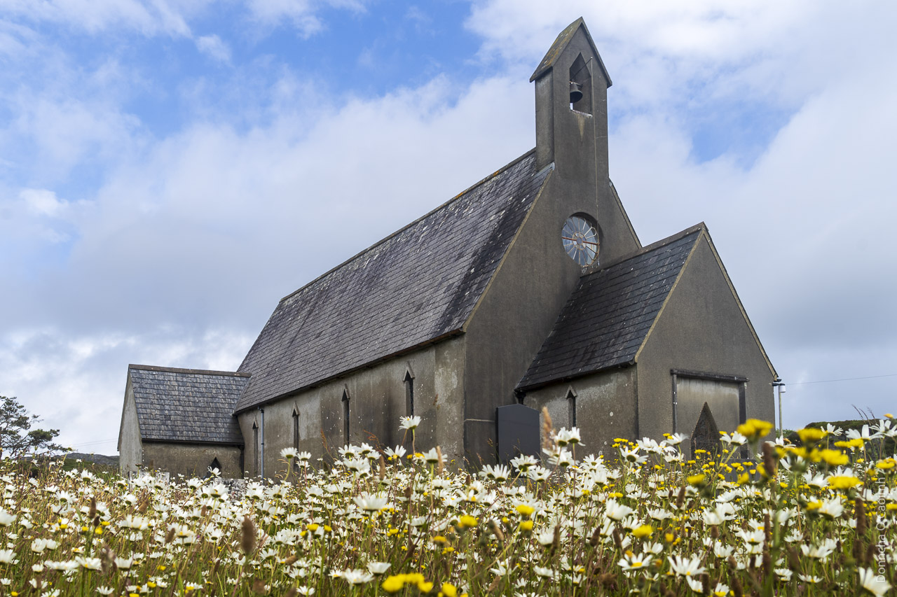 Looking from low down, a church looms over the daisies and other flowers surrounding it. Blue sky and clouds are visible behind it.