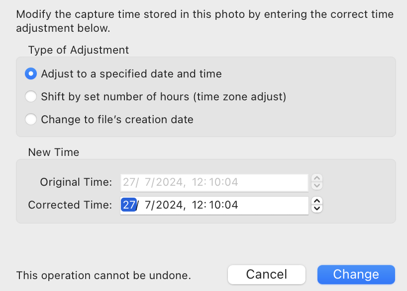 The adjust time dialog of Lightroom Classic