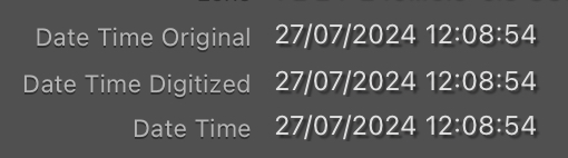 Metadata from a photo showing the same time in each of the date time fields.
