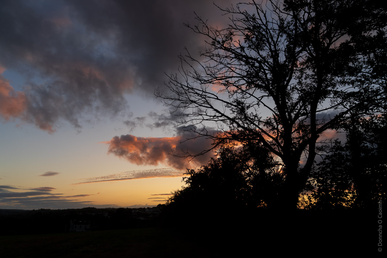 The sun sets behind some trees and distant hills. Clouds in the sky are lit up in red and orange and there's an orange glow on the horizon.