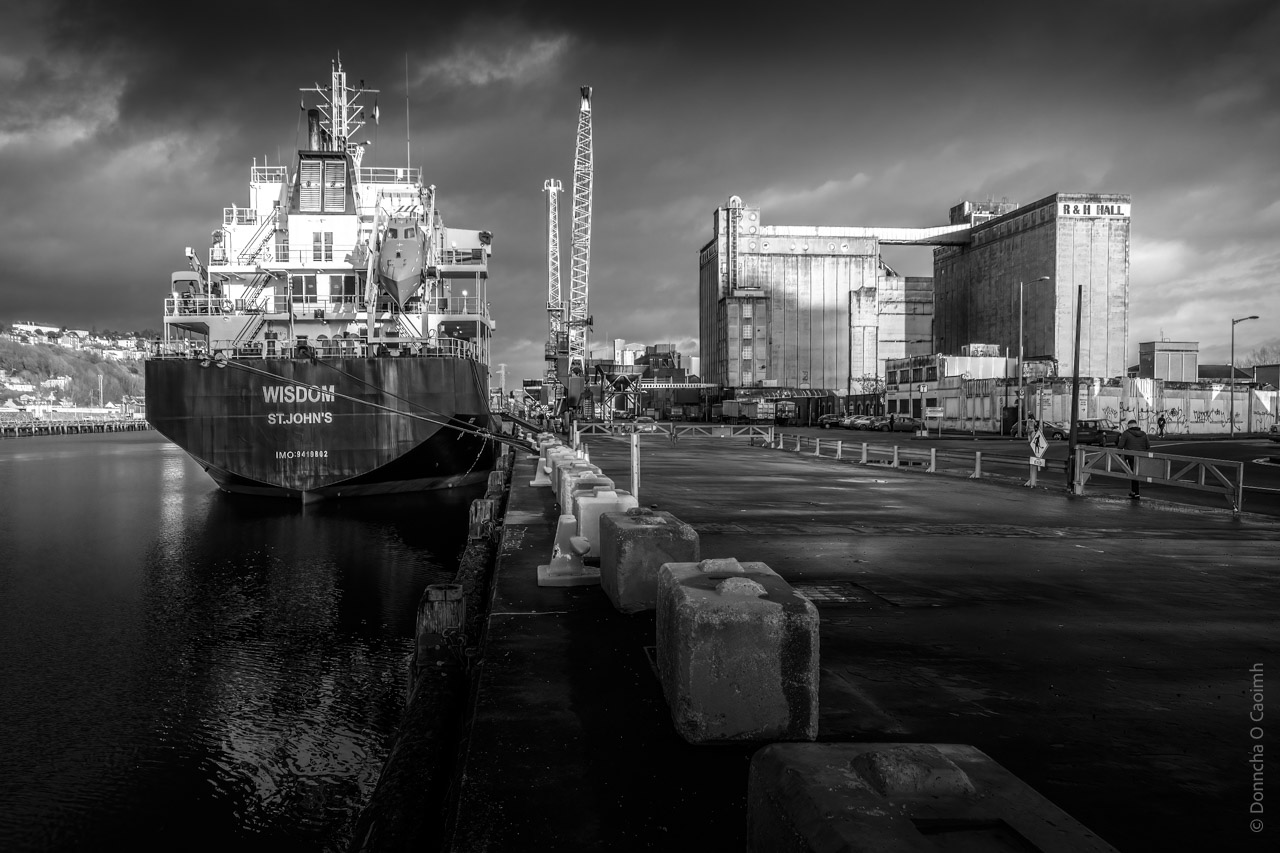 A container ship called "WISDOM" tied up along Kennedy Quay. The now demolished R&H Hall is in the background, and tall cranes stand tall alongside the ship.
