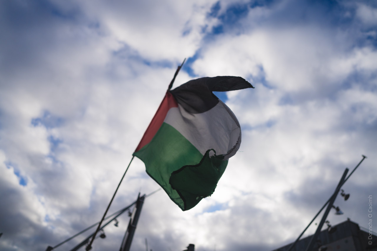 Palestinian flag waving against cloudy sky with dramatic lighting and motion blur