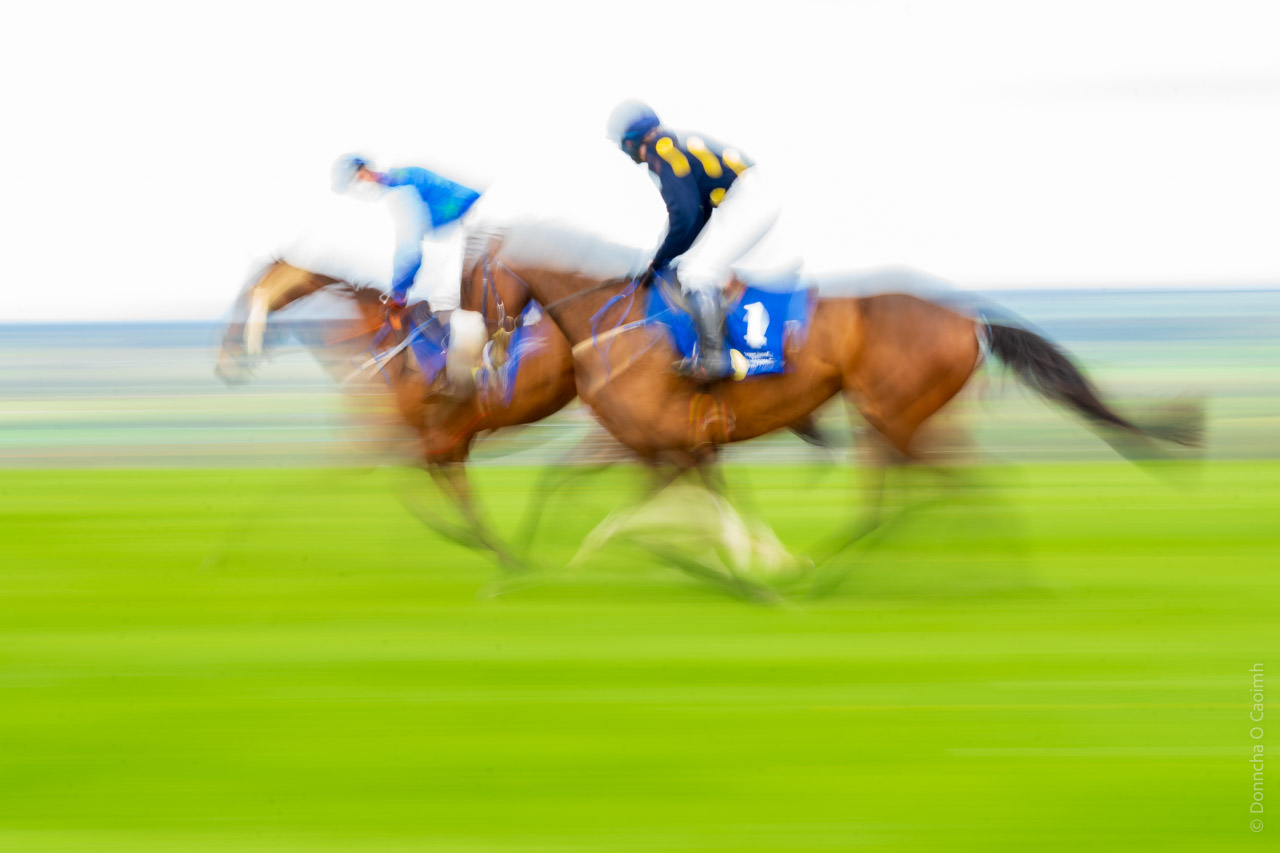 Blurred motion shot of two racehorses and their jockeys during a race, with the horse on the right wearing number 1.