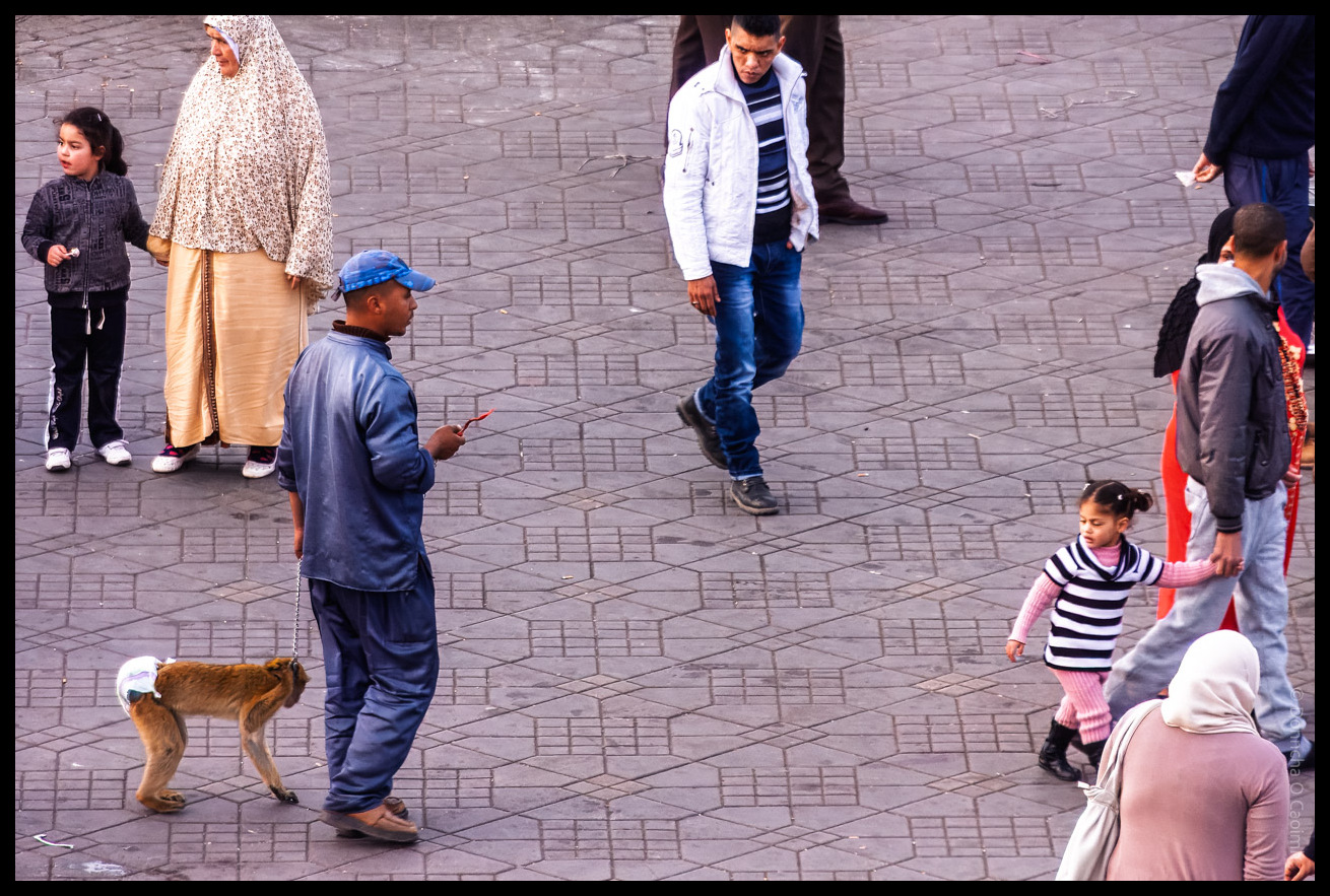 A busy public square in Jemaa el-Fnaa, Marrakesh, Morocco, showing several people walking or standing on patterned stone pavement. A man in blue clothing and a cap holds a stick, accompanied by a small monkey wearing a nappy. A woman in a patterned headscarf and long dress stands with a child, while other adults and children interact nearby. The scene captures everyday life and street activity in the famous Moroccan plaza.
