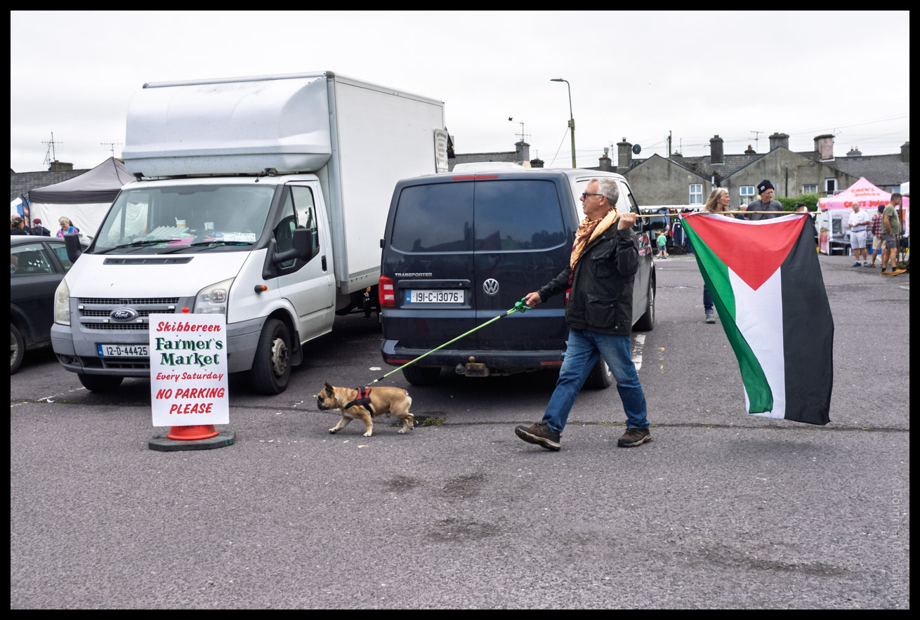 A candid scene at Skibbereen Farmer's Market in County Cork, Ireland, shows a person walking a small dog on a lead while holding a large Palestinian flag. The individual passes a sign that reads: "Skibbereen Farmer's Market Every Saturday NO PARKING PLEASE." Parked vehicles, including a white van and a dark blue Volkswagen with Irish registration plates, fill the background, while market stalls and people are visible further back.