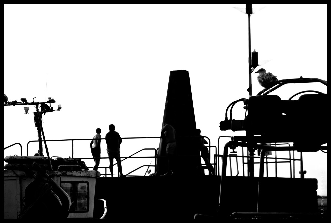 Black and white silhouette of teenagers standing on a fishing pier with seagulls perched on equipment and masts against a bright sky in Ballycotton, County Cork