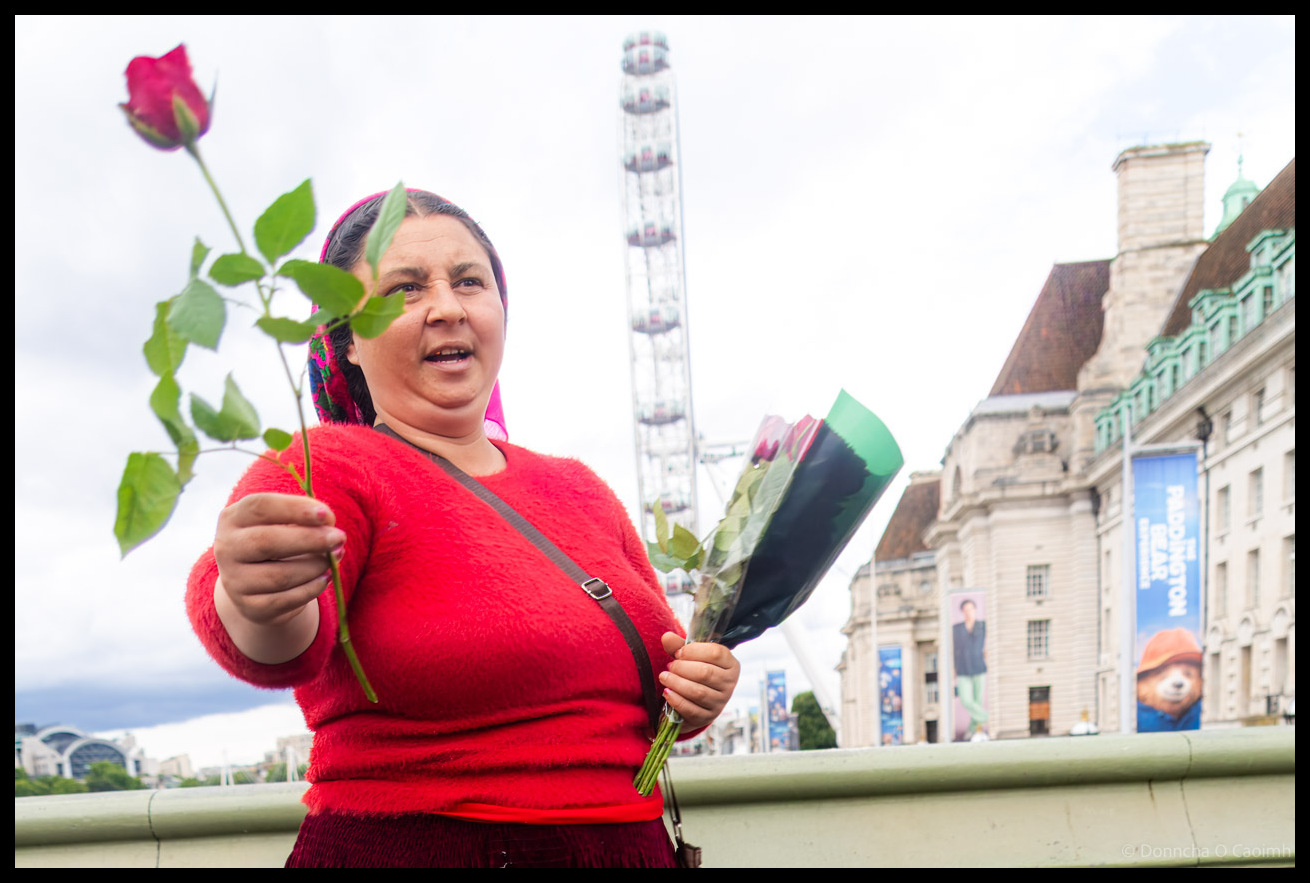Woman in bright red jumper holding single pink rose and wrapped bouquet of flowers on Westminster Bridge in London, with London Eye ferris wheel and historic buildings visible in background under cloudy sky.