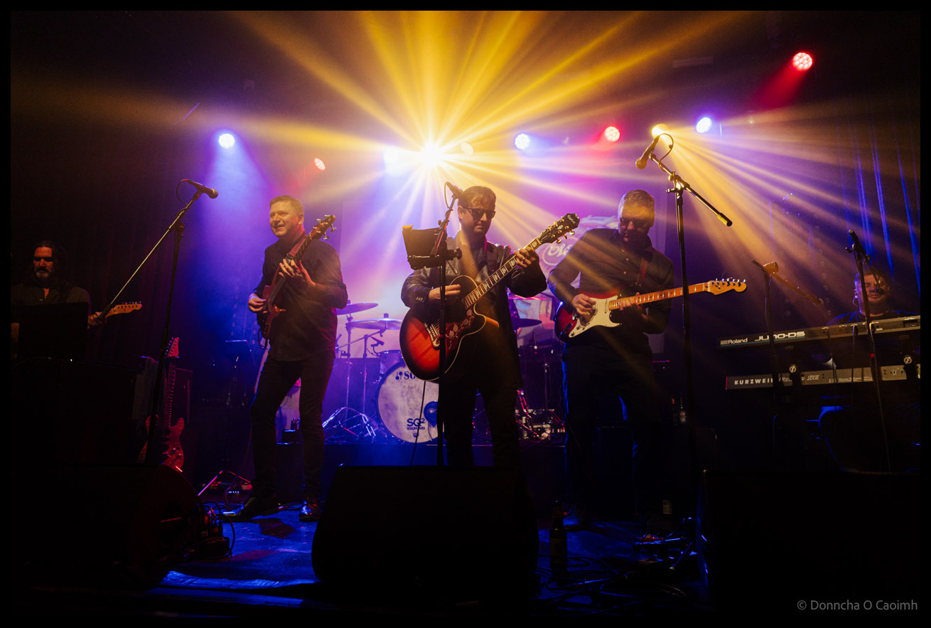 Full band shot of The ELO Experience with multi-coloured stage lighting in purple, blue, yellow and red, showing complete lineup of musicians with guitars, bass, keyboards and drums at Cyprus Avenue venue