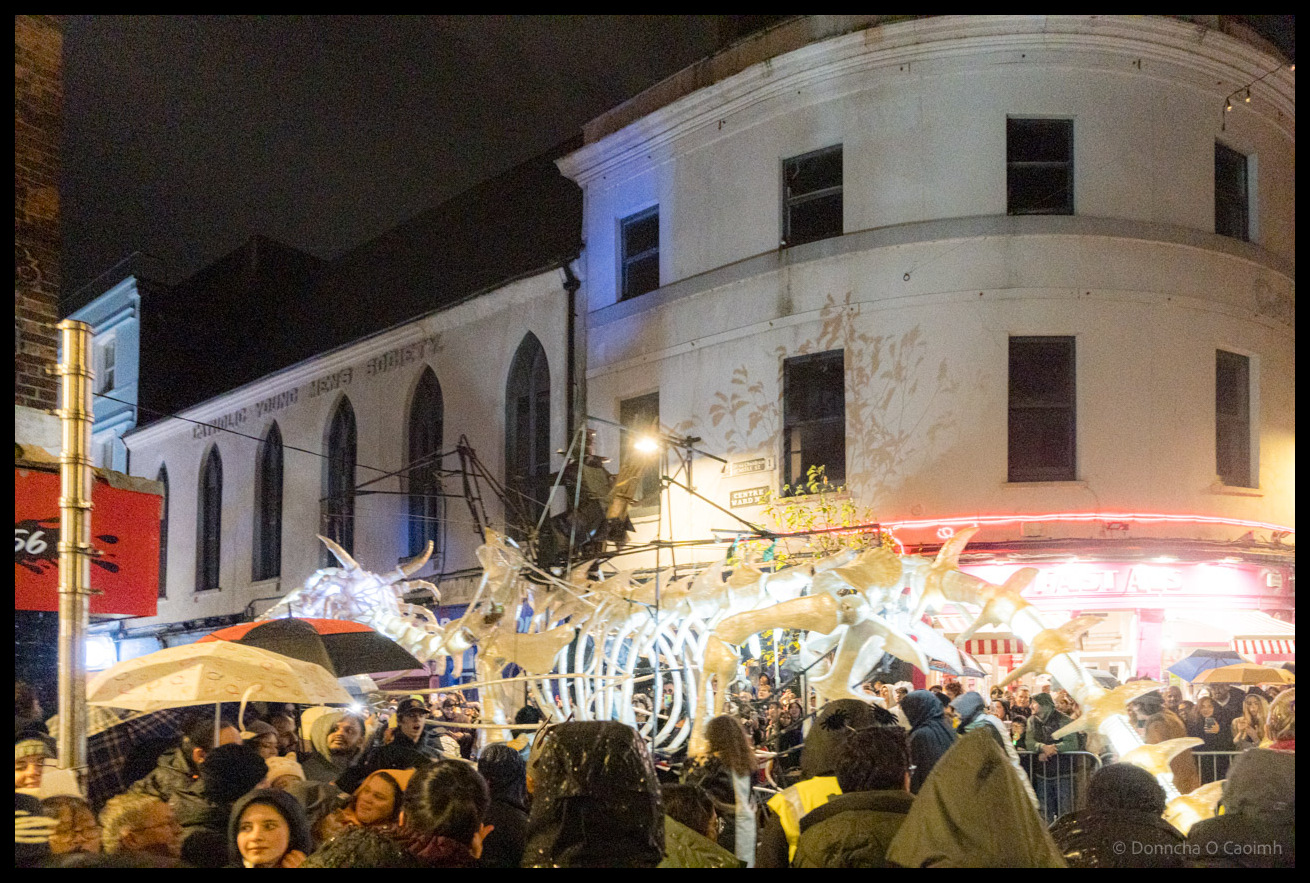 Large white skeletal dragon puppet structure with illuminated interior passes white curved building during Dragon of Shandon parade on North Main Street Cork at night with dense crowds lining the route and light trails from passing vehicles