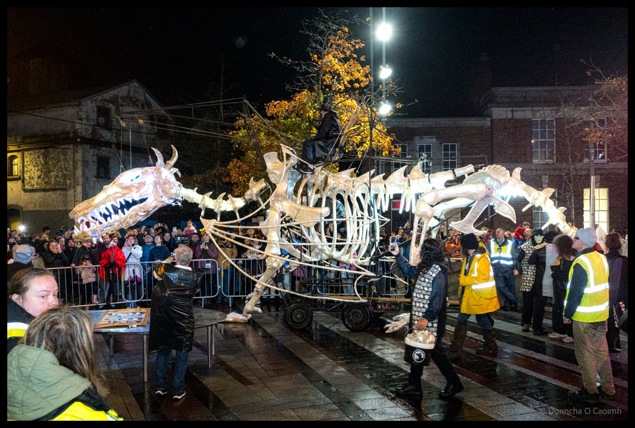 Wide shot of massive white skeletal dragon puppet on wheeled platform surrounded by crowds, parade marshals in hi-vis vests, and barriers on Cornmarket Street Cork at night with autumn tree and period buildings illuminated in background during Dragon of Shandon parade