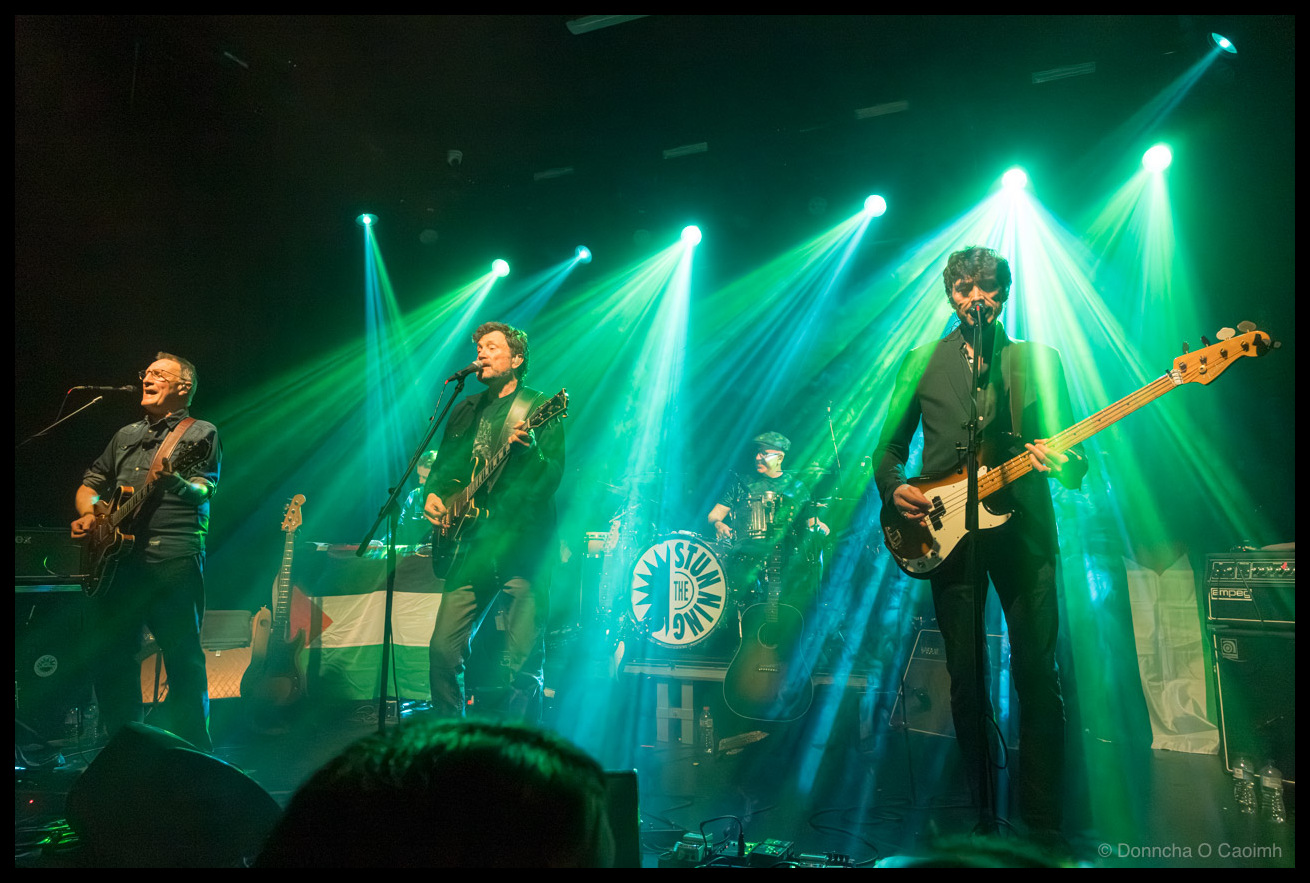 Wide concert shot of The Stunning bathed in vibrant green stage lighting, with all four band members visible across the stage performing, The Stunning logo on the bass drum head, a Palestinian flag on the left side of the stage, and the silhouette of an audience member's head in the foreground.