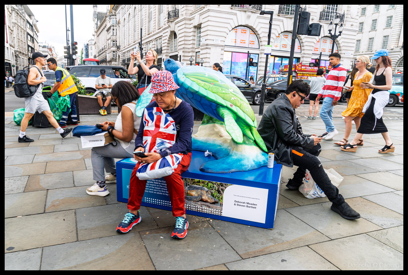 Photograph of people sitting on a colourful sea turtle sculpture on a blue plinth near Piccadilly Circus in London. A person in the centre wears a Union Jack hat, Union Jack bag, blue top, and red trousers while looking at their phone. Other people sit on and around the sculpture, with busy London streets, pedestrians, traffic lights, classical architecture, and a BUY TICKETS HERE sign visible in the background. A plaque on the plinth reads This turtle sculpture is kindly supported by Deborah Meaden & Steven Bartlett.