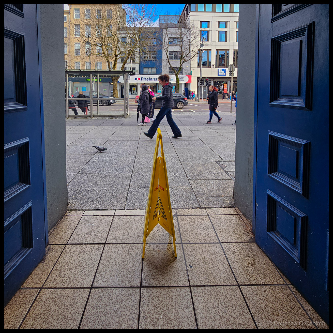 Photograph taken from inside the entrance porch of St Augustine's Church on Grand Parade, Cork, looking out through the open dark blue panelled doors onto the street. A yellow CAUTION WET FLOOR sign stands on the tiled floor of the porch. Beyond the doorway, pedestrians walk past on the pavement, a pigeon stands to the left, and the shopfronts of Phelans Pharmacy and other businesses are visible across Grand Parade. Bare winter trees and a bus shelter are in the middle ground.
