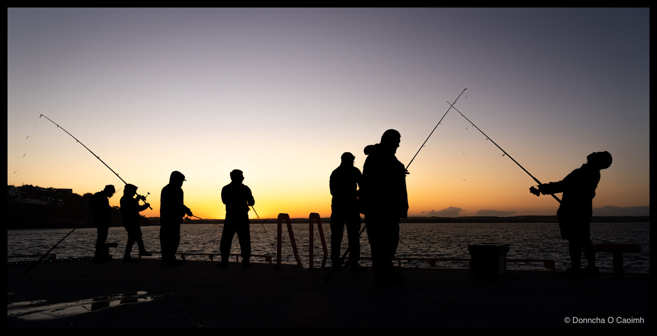 Seven fishermen in silhouette along a pier at dusk, rods angled out over calm water, one angler with an arm raised above his head, a band of orange light along the horizon under a deep blue sky.