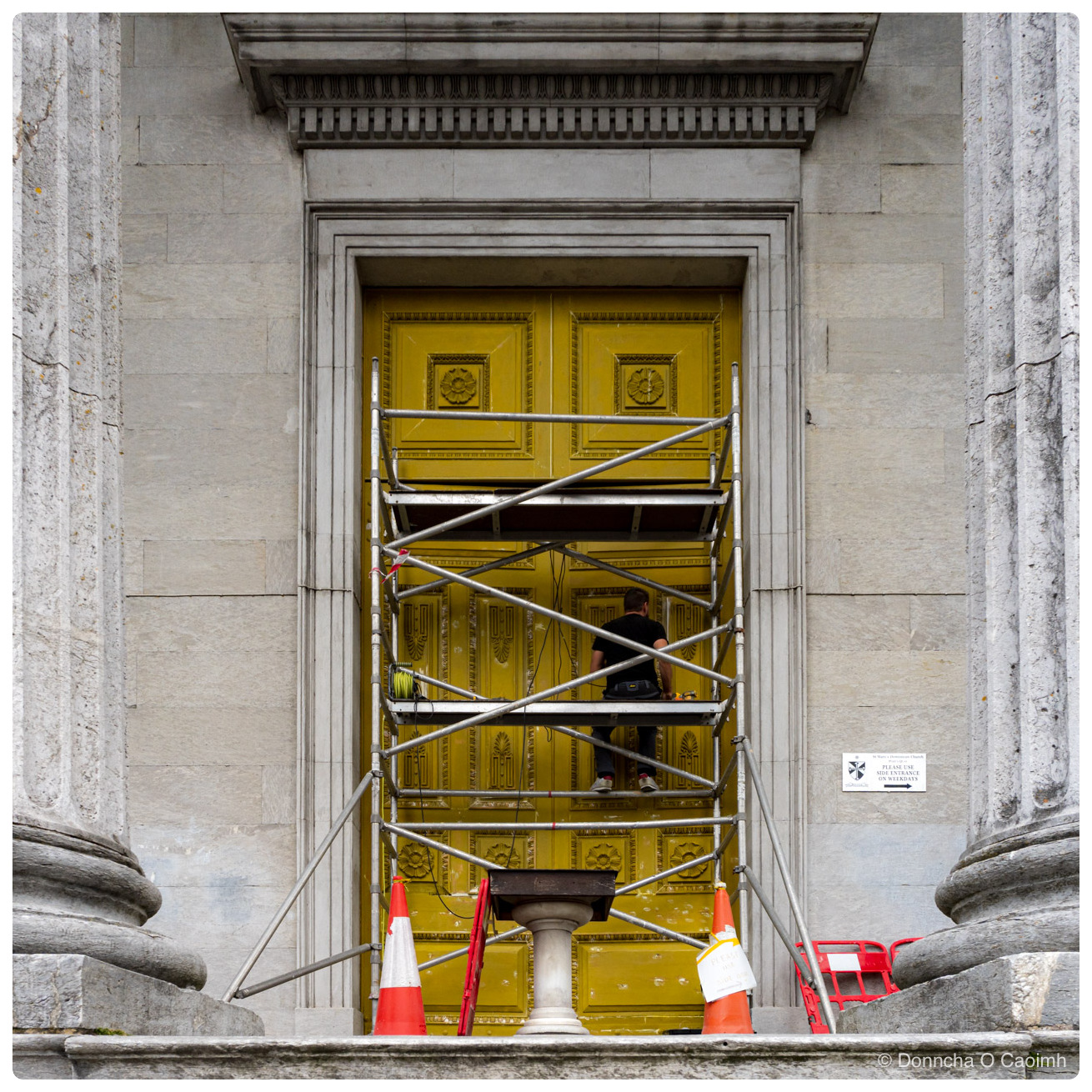 A man in a black T-shirt with a tool belt stands on a scaffold tower in front of the towering panelled front door of St Mary's Dominican Church, painting it a deep yellow gold, framed by the pale limestone columns and cornice of the portico, with traffic cones and a red barrier at the steps below and a sign on the wall to the right reading "St Mary's Dominican Church" and "PLEASE USE SIDE ENTRANCE ON WEEKDAYS" with an arrow.